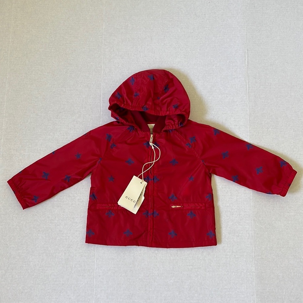 Gucci Red Hooded Kids Raincoat with Blue Print